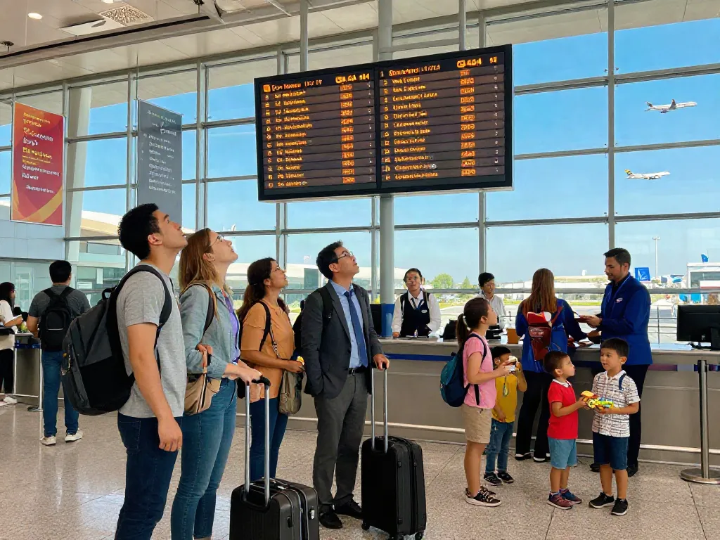 Garuda 404 flight status display with travelers in a busy airport terminal.