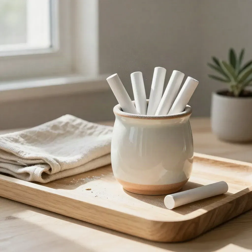 Ceramiczny kubek z kredą, lniana tkanina i mała roślina na jasnym drewnie.
